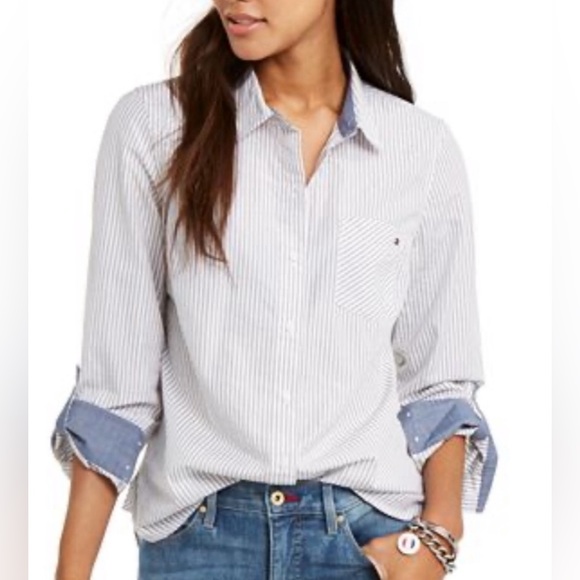 Tommy Hilfiger Tops - Tommy Hilfiger Pinstripe Roll-Tab Top Size Large